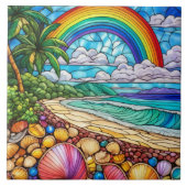 Tropische zeeschelp strand gebrandschilderde glask tegeltje (Voorkant)