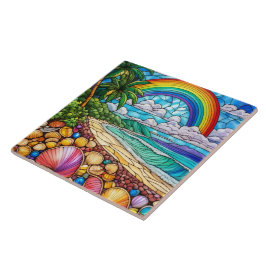 Tropische zeeschelp strand gebrandschilderde glask tegeltje