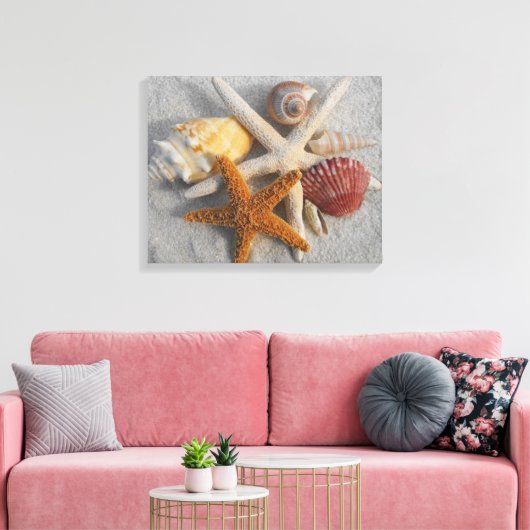 Tropische zeeschelp/zeesterren wit zand foto canva canvas afdruk (Insitu (Woonkamer))
