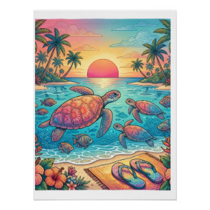 Tropische zeeschildpadden Zonsondergang Strand Oce Perfect Poster