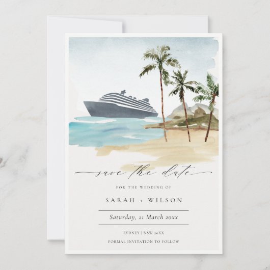 Tropische zeeslakpalm cruise Save the Date Invite Bedankkaart (Voorkant)