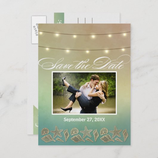 Tropische zeesterren Seashell Save the Date Briefk Aankondigingskaart (Voorkant / Achterkant)