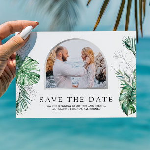 Tropische Zilveren Monstera Palm Foto Bruiloft Save The Date