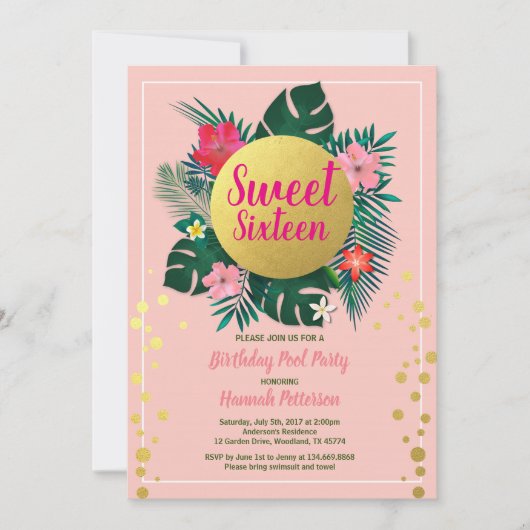 Tropische zoete zestien 16 zwembad partij roze en  kaart (Voorkant)