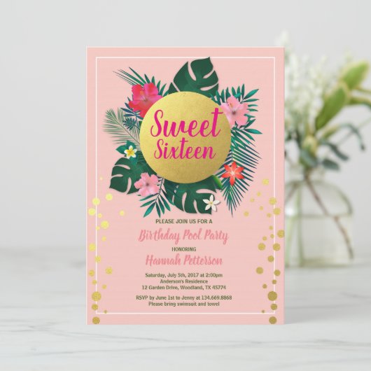 Tropische zoete zestien 16 zwembad partij roze en  kaart (Staand voorkant)