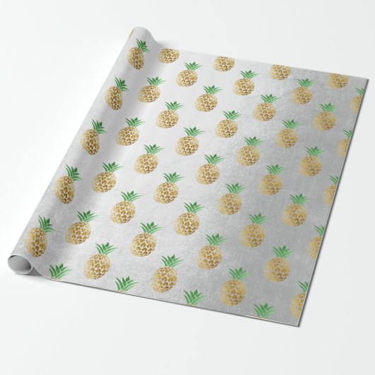 Tropische zomer ananas gouden munt vruchten grijs cadeaupapier (Uitgerold)