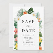 Tropische zomer bloemengroen bruiloft foto boog save the date (Voorkant)