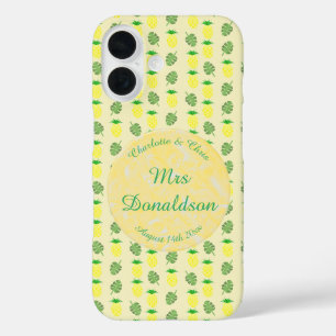 Tropische Zomer Bruiloft Ananas en Palmbladeren iPhone 16 Hoesje