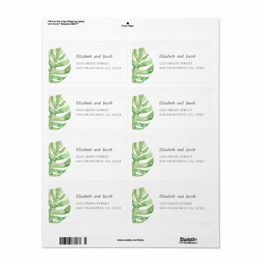 Tropische zomer bruiloft. Exotisch groen adres Etiket (Full Sheet)
