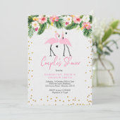 Tropische zomer flamingo paar douche uitnodiging (Staand voorkant)