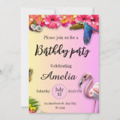 Tropische zomer floraal en roze flamingo verjaarda kaart (Voorkant)