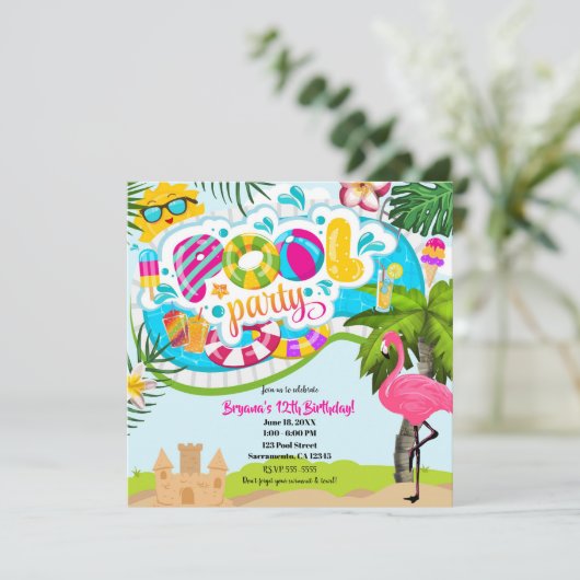 Tropische Zomer Fun Pool Party Zwemmen Verjaardag Kaart (Staand voorkant)