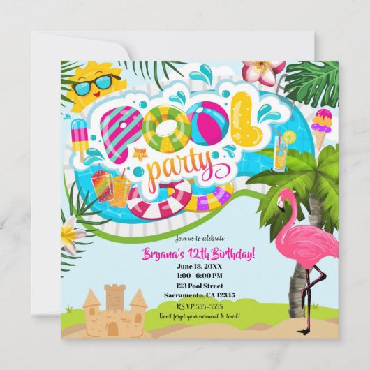 Tropische Zomer Fun Pool Party Zwemmen Verjaardag Kaart (Voorkant)