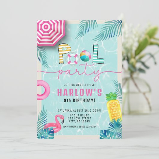 Tropische Zomer Leuk Meisje Zwembad Party Verjaard Kaart (Staand voorkant)