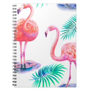 Tropische zomer met flamingoliepalmbladeren en exo notitieboek