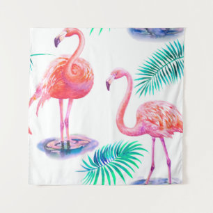 Tropische zomer met flamingoliepalmbladeren en exo wandkleed