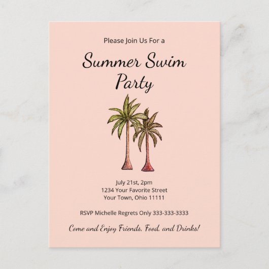 Tropische Zomer Pool Party Palm Trees Blush Pink Uitnodiging Briefkaart (Voorkant)