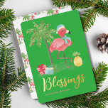 Tropische Zomer Roze Kerst Flamingo Palm Tree Folie Feestdagenkaart<br><div class="desc">Blessings Gold Typography Tropical Summer Pink Christmas Flamingo Palm Tree Gold Foil Holiday Kaart.</div>