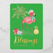 Tropische Zomer Roze Kerst Flamingo Palm Tree Folie Feestdagenkaart (Voorkant)