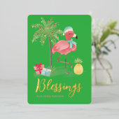 Tropische Zomer Roze Kerst Flamingo Palm Tree Folie Feestdagenkaart (Staand Voorkant)