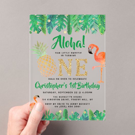 Tropische zomer strand luau jongens 1e verjaardag acryl uitnodigingen (Insitu (Draagbaar))