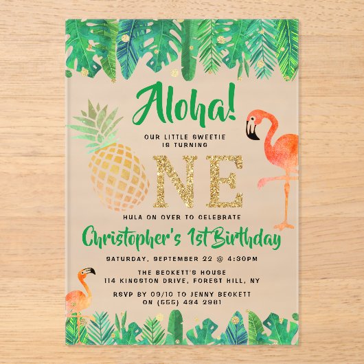 Tropische zomer strand luau jongens 1e verjaardag acryl uitnodigingen (Voorkant)