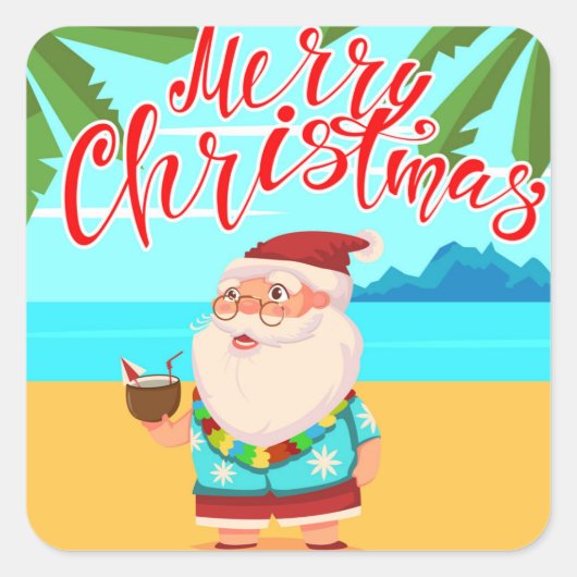 Tropische Zomer Vrolijk Kerstfeest Strand Kerstman Vierkante Sticker (Voorkant)