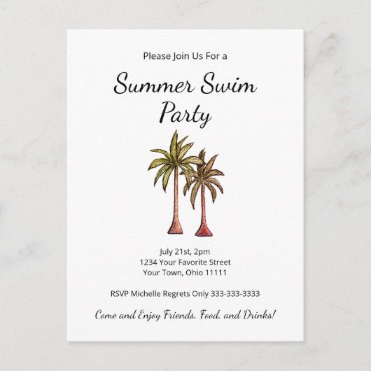 Tropische Zomer Zwembad Party Palmbomen Uitnodiging Briefkaart (Voorkant)