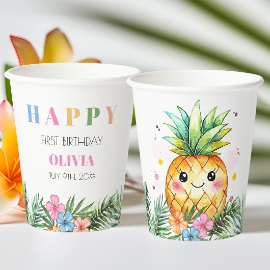 Tropische zomerananas Kinder Happy 1st Birthday Papieren Bekers