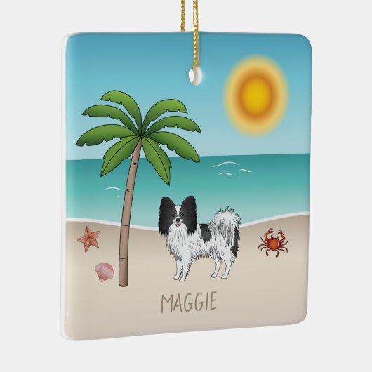 Tropische zomerbak zwart-wit Papillon Dog Keramisch Ornament (Rechts)