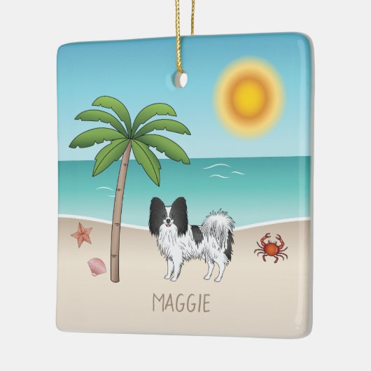 Tropische zomerbak zwart-wit Papillon Dog Keramisch Ornament (Links)