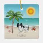 Tropische zomerbak zwart-wit Papillon Dog Keramisch Ornament<br><div class="desc">Destei's originele cartoon illustratie van een zwarte en witte vacht met de kleur Papillon-rashond die op een tropische zomerstrandscène staat. Op het beige kleurzand is er een palmboom, een roze riem samen met een zeester en een rode krab. Het water is turkooisblauw met wat golven en de zon schijnt boven...</div>