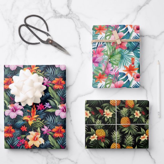 Tropische zomerbloemen bladeren ananas print cadea inpakpapier vel (Voorkant)