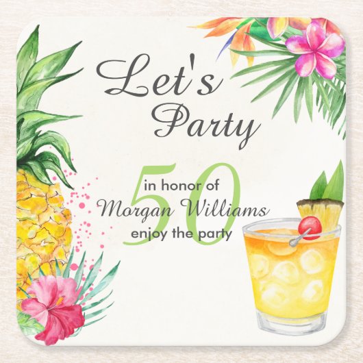 Tropische zomercocktail 50ste verjaardagsfeest kartonnen onderzetters (Voorkant)
