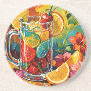 Tropische zomercocktail Impasto Olie Schilderij Zandsteen Onderzetter