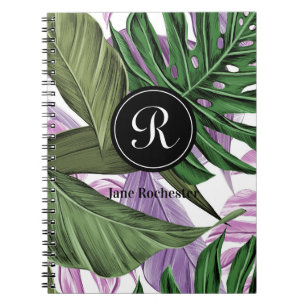 Tropische zomergroene Paarse bladeren Monogram Notitieboek