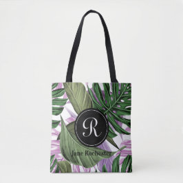 Tropische zomergroene Paarse bladeren Monogram Tote Bag