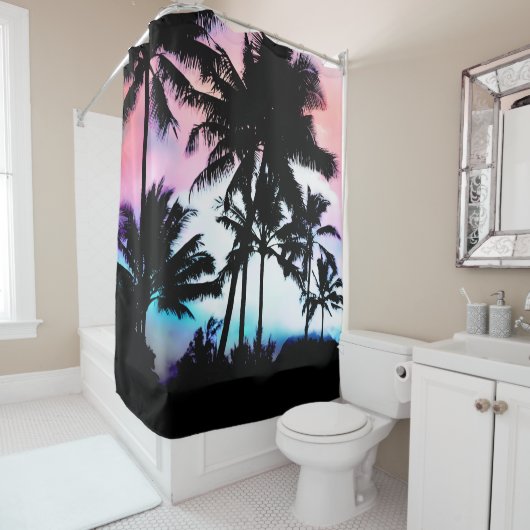 Tropische zomerpalm Trees roze blauwe zonnehemel Douchegordijn (In situ)