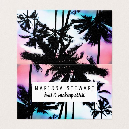 Tropische zomerpalm Trees roze blauwe zonnehemel Visitekaartje (Buitenkant ongevouwen)