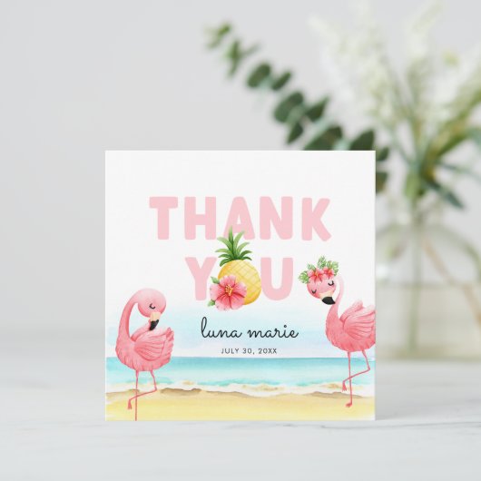 Tropische zomerroze flamingo Birthday Flat Bedankkaart (Staand voorkant)
