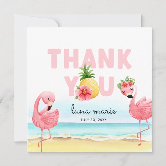 Tropische zomerroze flamingo Birthday Flat Bedankkaart (Voorkant)
