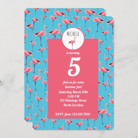 Tropische zomerroze flamingo Girly 5e verjaardag Kaart (Voorkant / Achterkant)