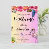 Tropische zomerse bloemige en roze flamingo verjaa kaart (Staand voorkant)