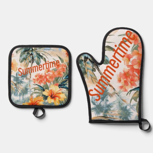 Tropische zomertijd ovenwant & pannenlap set (Voorkant)