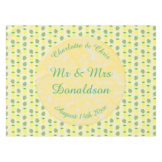 Tropische zomerweddenschap Ananas en palmbladeren Tafelkleed (Voorkant (Horizontaal))