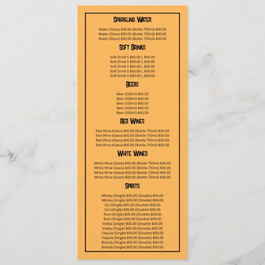 Tropische zon, restaurant Slimline Menu (Achterkant)