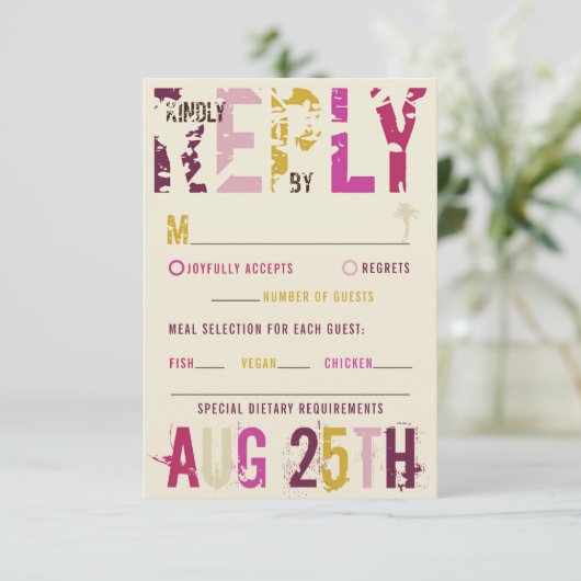 Tropische zonnepalmbomen met doorsnede zomerroze R RSVP Kaartje (Staand voorkant)