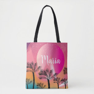 Tropische zonnepalmboom met heldere roze zomer tote bag