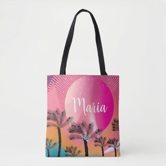 Tropische zonnepalmboom met heldere roze zomer tote bag (Voorkant)