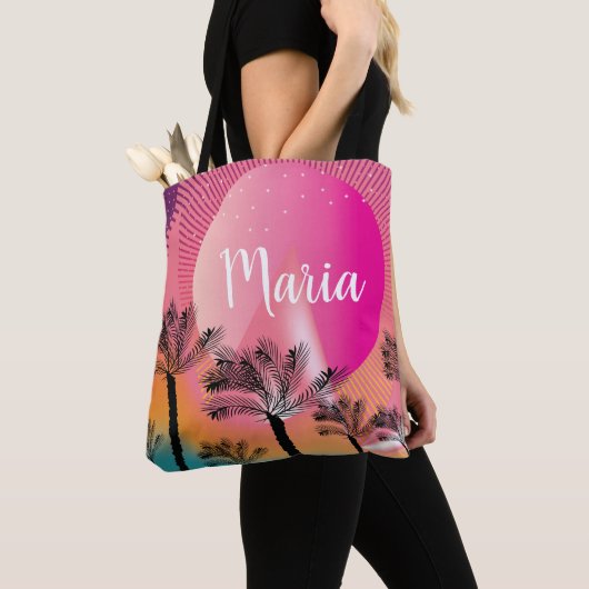 Tropische zonnepalmboom met heldere roze zomer tote bag (Dichtbij)
